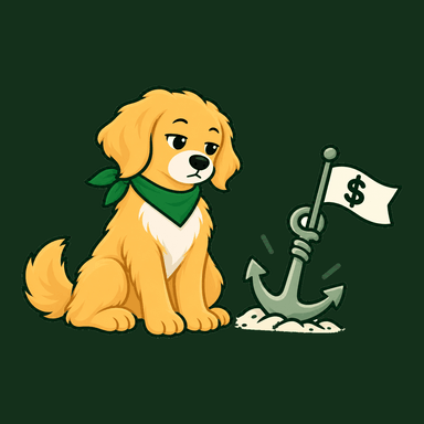 Nudge sits beside an anchor planted in sand with a small flag showing a dollar sign.