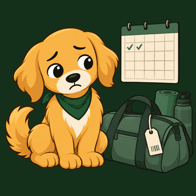 Nudge beside a gym bag with the shop tag still on it, under a calendar with two days ticked.