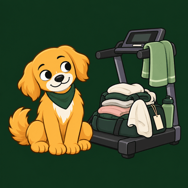 Nudge beside a treadmill buried under folded laundry, a gym bag and a water bottle.
